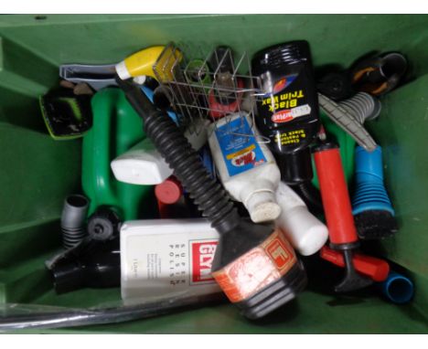 A box containing hard hat, jerry can, car polish tools etc 