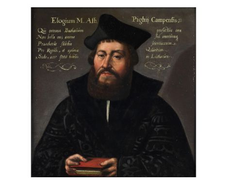 Niederländische Schule des späten 16. JahrhundertsHALBPORTRAIT DES ALBERTIUS PIGHIUS (1490-1542)Öl auf Holz.22,5 x 22 cm.Ober