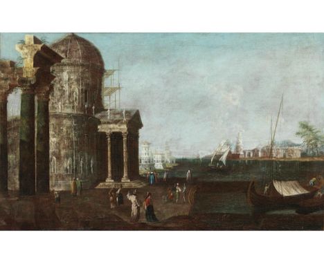 Venezianischer Meister des 18. JahrhundertsFANTASIEARCHITEKTUR MIT ANTIKEN SÄULEN UND TEMPELBAUÖl auf Leinwand.60 x 95 cm.Ger
