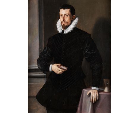 Tiberio Titi,1573 Florenz – 1638PORTRAIT EINES EDELMANNES MIT BUCH UND STUNDENGLASÖl auf Holz.122 x 91 cm.In breitem vergolde