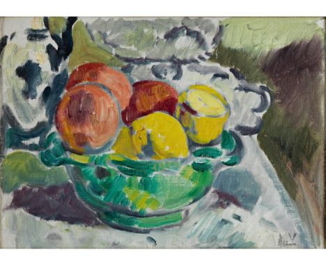 Louis Valtat, 1869 Dieppe – 1952 ParisCOUPE DE FRUITS SUR UN ENTABLEMENTÖl auf Leinwand.24 x 33 cm.Rechts unten monogrammiert