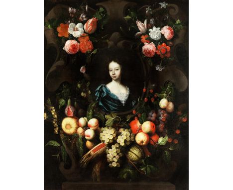 Frans van Everbroeck,um 1638 – um 1672PORTRAIT EINER JUNGEN FRAU IN KARTUSCHE MIT BLÜTEN UND FRÜCHTENÖl auf Leinwand. Doublie