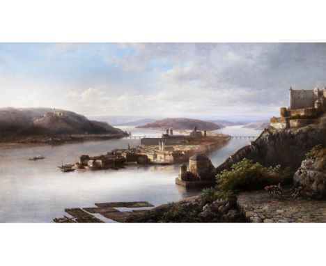 Kasparus Karsen, 1810 Amsterdam – 1896 BiberichANSICHT ÜBER PASSAU AN DER DONAU UND AM INNÖl auf Leinwand.56,5 x 100 cm.Recht