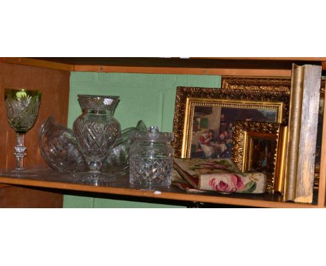 A large Bohemian cut glass goblet, a large cut glass bowl, pictures and a tapestry bell pull