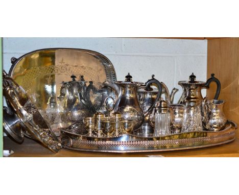 Group of electroplated items including a five piece tea and coffee service; egg cruet; Victorian basket etc 
