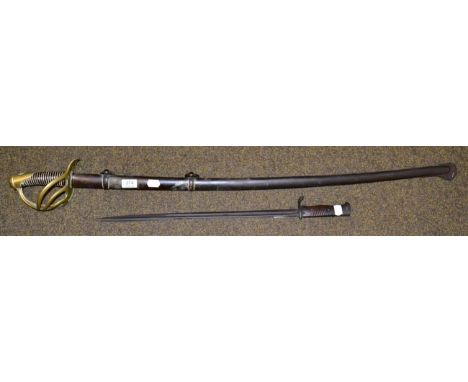 A reproduction French Cuirassier sword and scabbard; and a German bayonet (lacking scabbard) (2) 