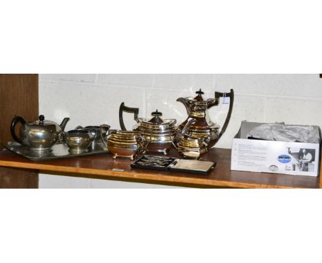 An electroplated four piece tea service by Walker & Hall; a set of six King's pattern silver coffee spoons; an Art Deco pewte