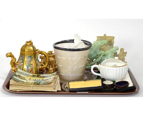 Pocket compass, gilt pencil, silver spoon, buckle, soapstone figures, Japanese Satsuma (a.f.), postcards 