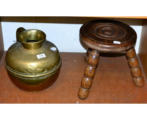 A 19th century brass jug together with a 19th century turned stool 