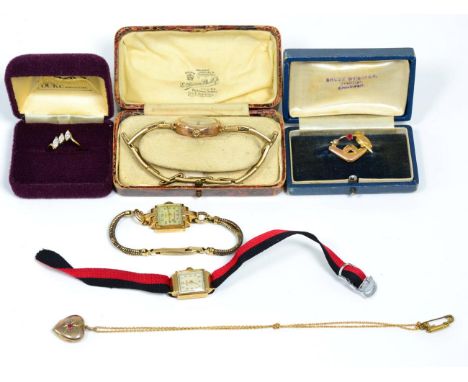 Three gold cased lady's watches; an Australian seed pearl and paste brooch; a ruby set heart-shaped locket pendant on chain a