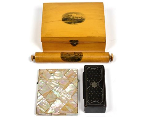 Mauchline ware box ''Dover Castle'' and a rolling pin ''Alexandra Palace'', a Victorian mother of pearl card case and a snuff