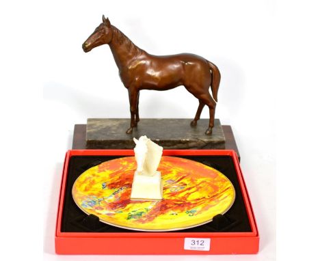 A Spelter racehorse, Royal Worcester Aethon bust and a Royal Doulton plate winning colours 