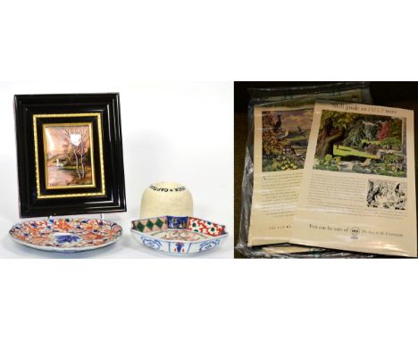 A Limoges enamel plaque depicting a lake scene, Captain Webb Puck matches ashtray ''Mintons'', circa 1900, two Japanese dishe