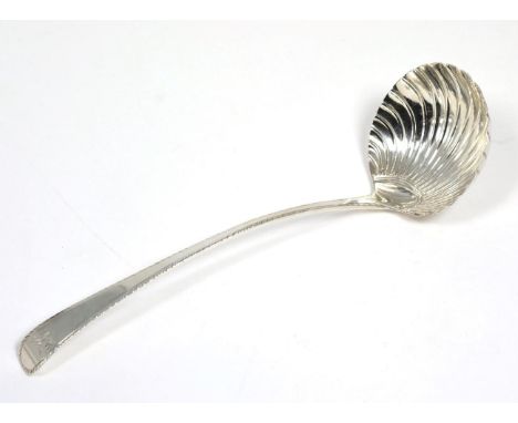 An 18th century silver soup ladle, marks indistinct, London, maker's mark possibly Robert Ross overstriking another, with lat