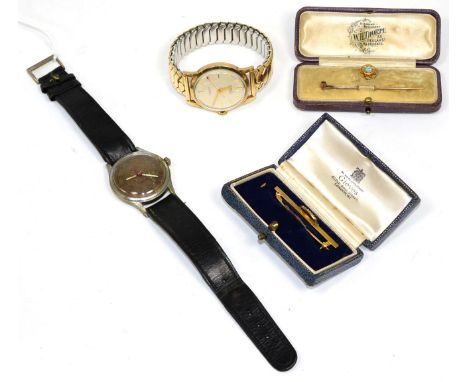 A gents Bernex watch; a gents Eloga watch; a 9 carat gold seed pearl brooch and a cased stick pin 