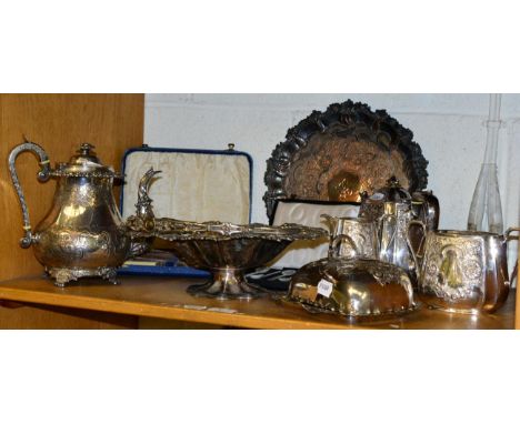 Plated wares including a three piece tea service, a teapot, a cake basket etc 