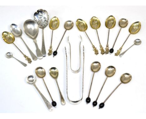 A set of six silver Coronation spoons, Birmingham, 1901; a set of six silver coffee bean spoons, Sheffield, 1922; a silver ca
