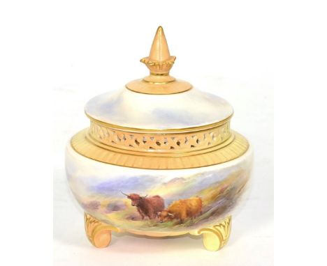 A Royal Worcester vase and cover, painted with highland cattle by Harry Stinton, with interior cover 