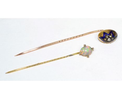 A diamond and enamel stick pin, an egg-shaped top inset with rose cut diamonds within a blue enamel star, and an opal stick a