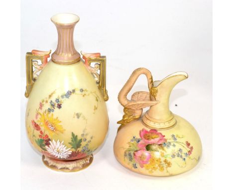 A Royal Worcester square vase with ''Swan'' handle and a twin handled ovoid vase 
