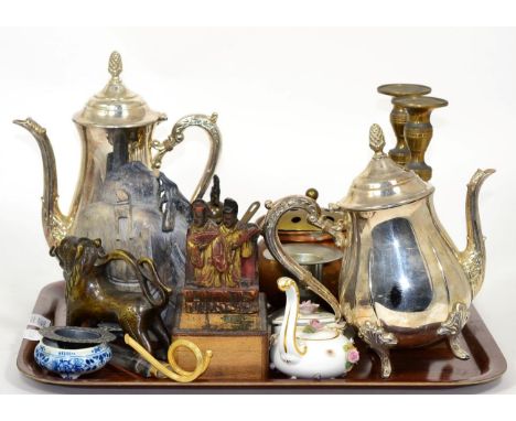 A quantity of metal wares, candlesticks, bronzed figure, soapstone figure, Meissen floral encrusted teapot etc 