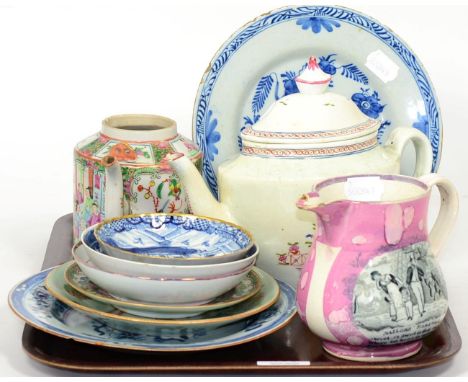 Assorted European and Oriental ceramics including Delft plates; Chinese export wares; Sunderland lustre jug printed with Sail