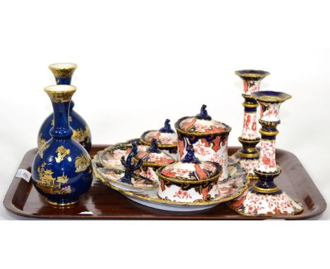 A group of 19th century Royal Crown Derby Imari wares, together with a pair of Carlton Ware lustre vases