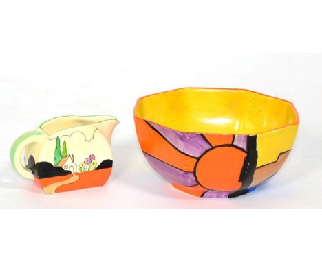 A Clarice Cliff Sunray pattern octagonal bowl (chip to rim); and an Idyll pattern cream jug (restored) 
