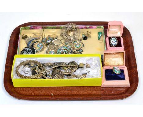A collection of Persian enamel jewellery; comprising a necklace, brooch and earring suite, each with painted plaques depictin