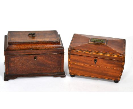 A 19th century mahogany tea caddy, with parquetry banding; and another George III tea caddy (2)