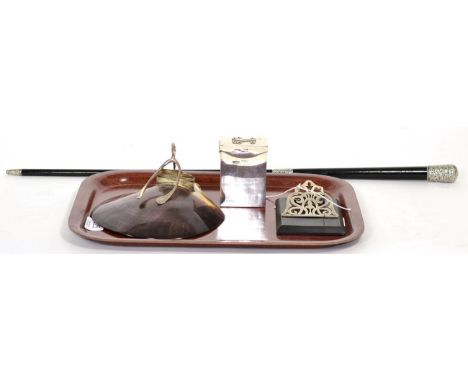A silver playing cards box, London 1906, the hinged cover with monogram; a silver mounted ebonised baton; with presentation i