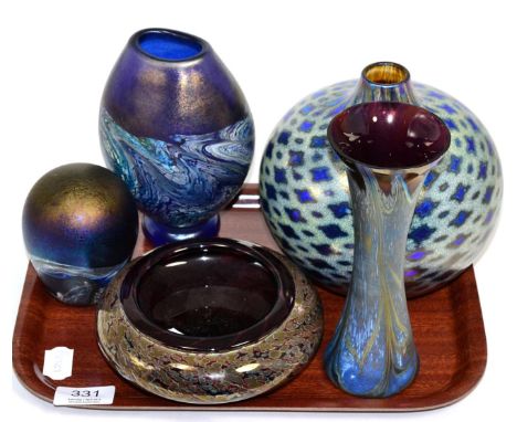 Five pieces of art glass including two pieces of Okra, a vase signed David Wallace etc