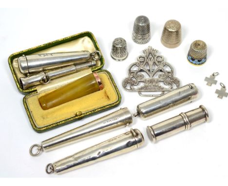 Four silver cheroot holder cases; a gold mounted cheroot holder; two silver thimbles; a Russian enamel example; part belt buc