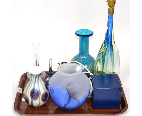 A tray of art glass including a table lamp, paperweights etc