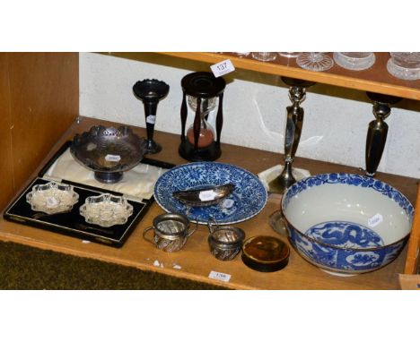 Various silver and plate with large egg timer, lacquered box, a Kangxi style dish and blue and white bowl (13)