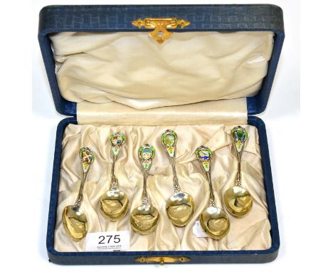 A cased set of enamel teaspoons stamped 'STERLING' and with maker's mark RH