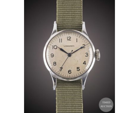 A GENTLEMAN'S BRITISH MILITARY LONGINES RAF PILOTS WRIST WATCH
CIRCA 1940, WITH WHITE MOD DIAL
Movement:&nbsp;Manual wind, ca