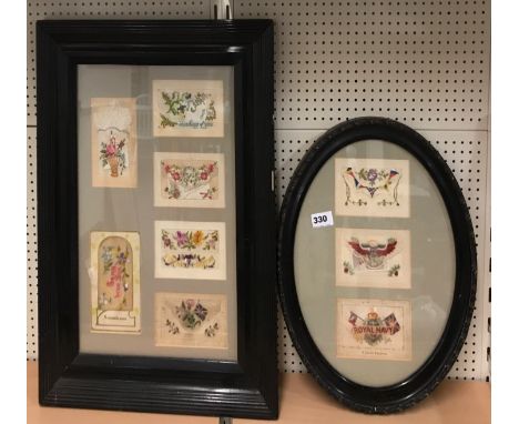 Two frames of First World War silk postcards, largest frame 44 x 59cm.