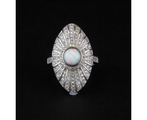 A 925 silver faux opal and stone set ring, top L. 3cm.