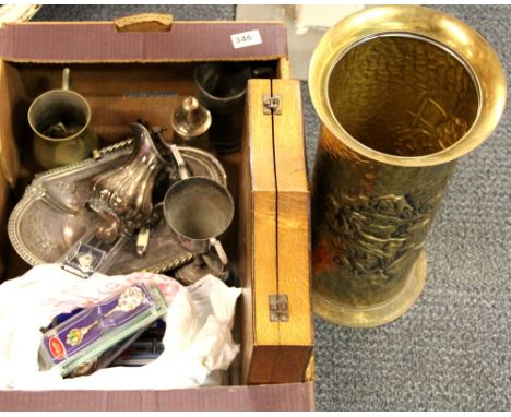 A brass stick stand and quantity of metal ware etc.