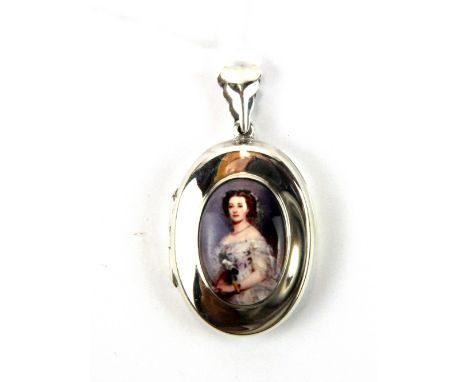 A 925 silver and enamel portrait locket, H. 4.5cm.