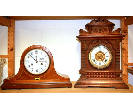A Victorian oak mantle clock and an inlaid mahogany mantle clock, oak clock H. 44cm.