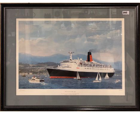 A framed pencil signed limited edition 294/850 print entitled 'Welcome Home, QE2' by Gordon Bauwens 1990, frame 82 x 63cm.