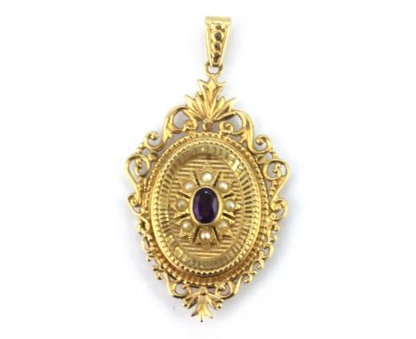A 9ct yellow gold amethyst and seed pearl set pendant, L. 5.5cm.