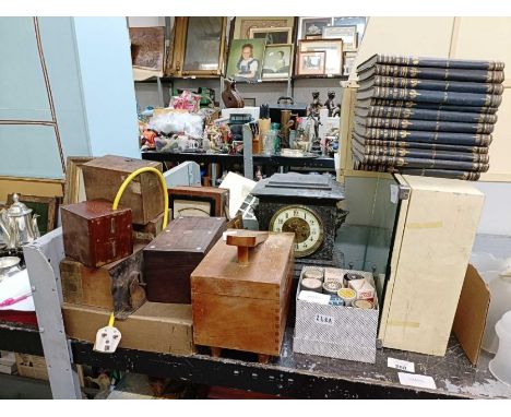 Part shelf of wooden boxes, mantle clock, meter, glass bathroom cabinet &amp; war books