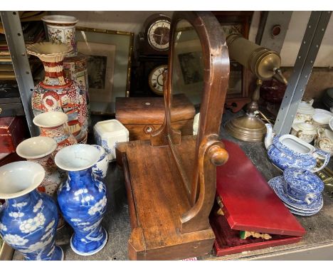 Shelf of items to include 3 clocks, desk lamp, Chinese vases, mirror etc