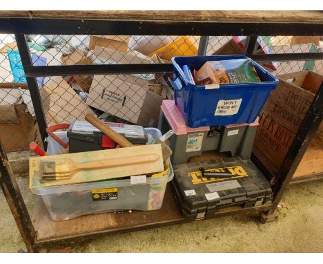 Shelf of tools, tool boxes, Dewalt drill &amp; other garage items