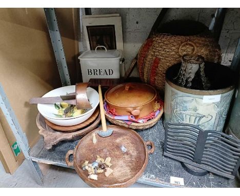 Enamel bread bin, large wicker basket, tennis racket, crystal lampshade, Wade whimseys, metal cookbook stand etc