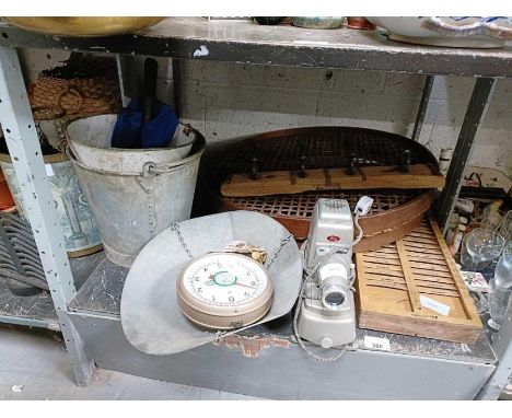 Enamel buckets, projector, set of weighing scales, a vintage riddle, etc