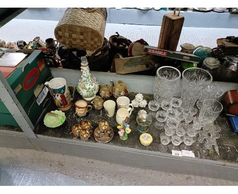 Part shelf of crystal glasses, cut glass vases, china plates, Royal Worcester, Coronation ware, Mikado set of cups and saucer